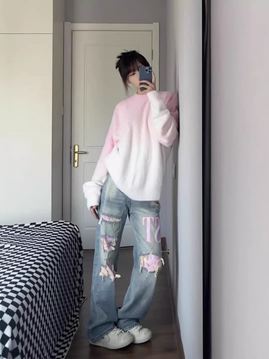 秋冬漸變溫柔軟糯毛衣女粉色甜美水貂毛懶慵風小眾高級感針織上衣