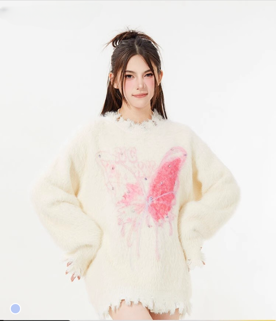 秋冬新款燙磚蝴蝶毛衣女寬鬆oversize慵懶風軟糯馬海毛針織衫上衣