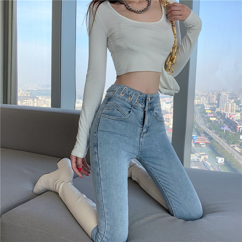 實拍~高腰加絨牛仔褲女新款彈力緊身小腳褲修身顯瘦長褲