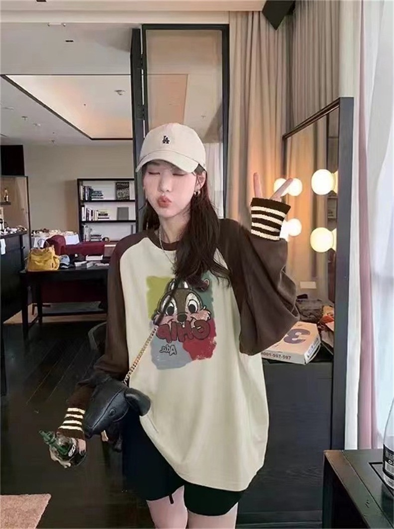 秋冬韓版新款寬鬆拼色卡通字母印花圓領中長款加絨長袖T恤女上衣