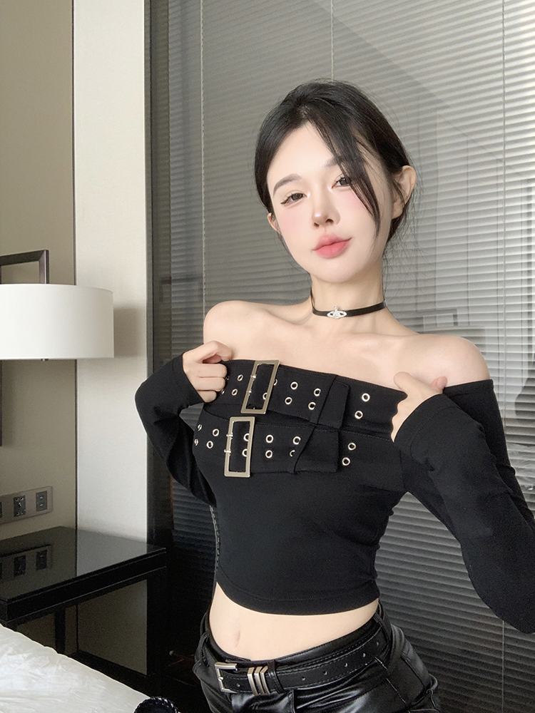 實拍 美式復古一字肩綁帶長袖t恤女小眾辣妹顯瘦上衣