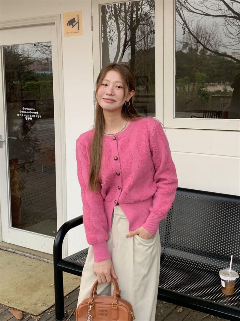 實拍~圓領小香風小眾單排扣開衫毛衣百搭厚款針織上衣女