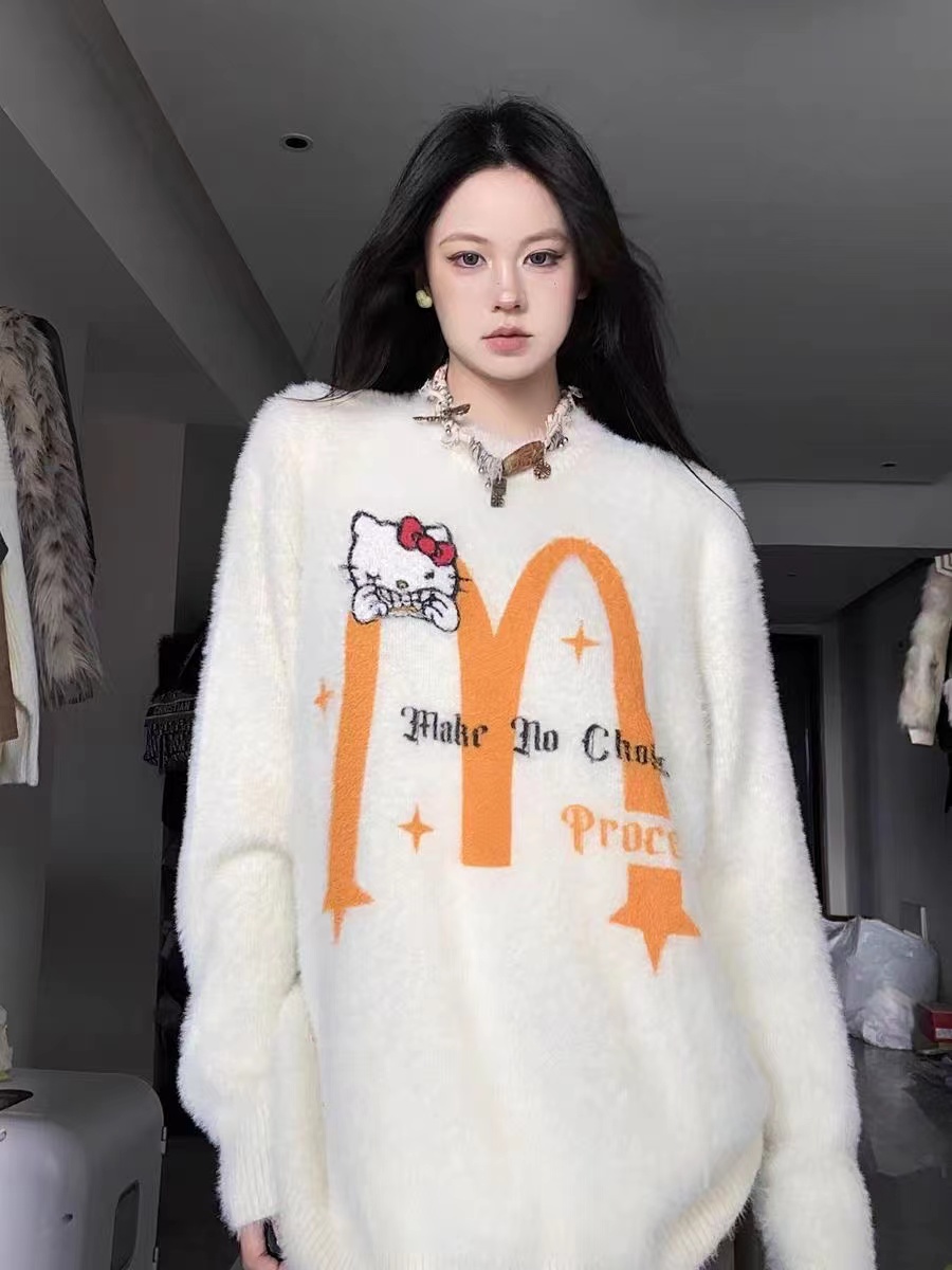 BabyStudios 秋冬新款美式惡搞KT貓仿水貂毛甜酷毛衣女軟糯針織衫