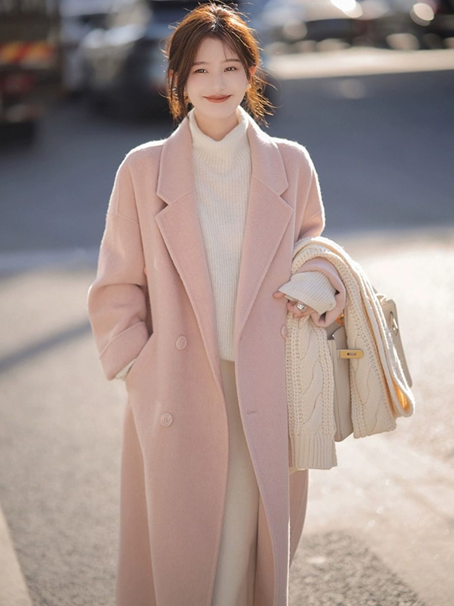 粉色毛呢外套女2023秋冬季新款呢子大衣赫本風小個子韓系冬天加厚