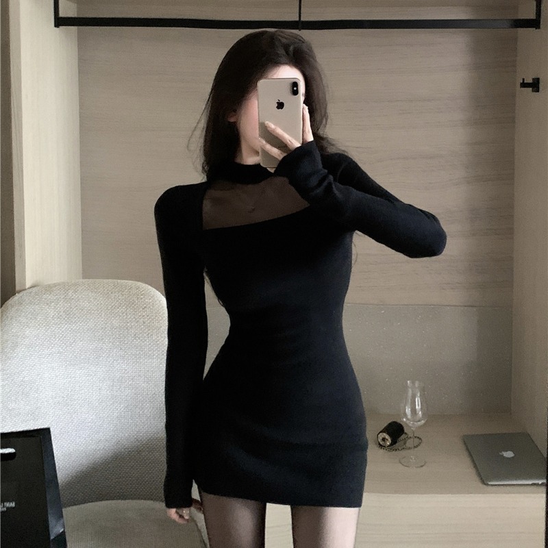 純欲性感黑色連衣裙秋裝女2023年新款修身內搭打底辣妹包臀短裙子