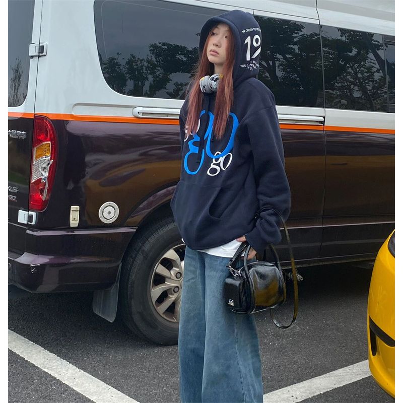 純棉 加絨 美式慵懶風寬鬆百搭發泡印花雙層連帽衛衣