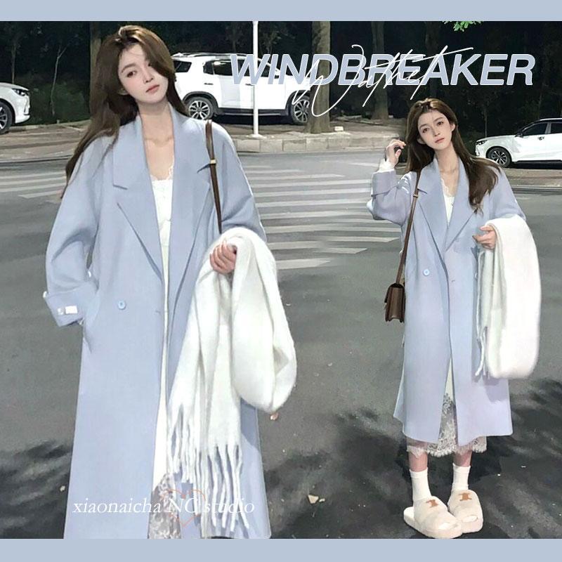 毛呢外套2023新款秋冬小個子氣質加厚長款赫本風藍色呢子大衣女