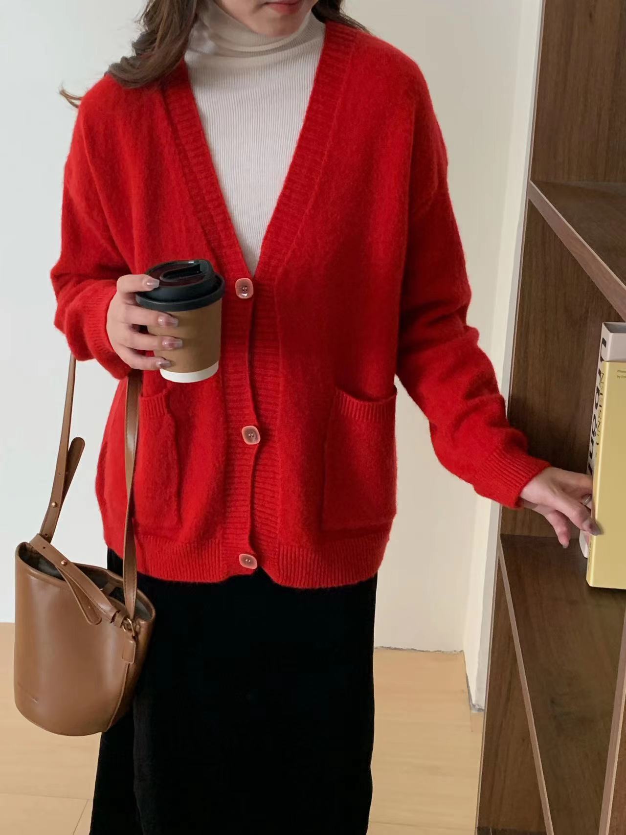 浣熊絨氣質針織開衫2023春秋季新款女紅色毛衣外套韓系溫柔上衣
