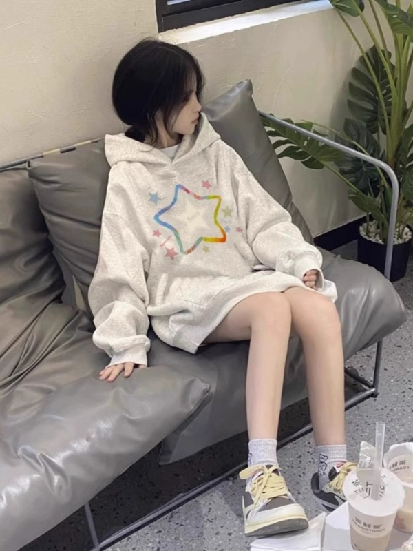 美式復古星星連帽衛衣女秋冬季加絨加厚2023新款oversize外套