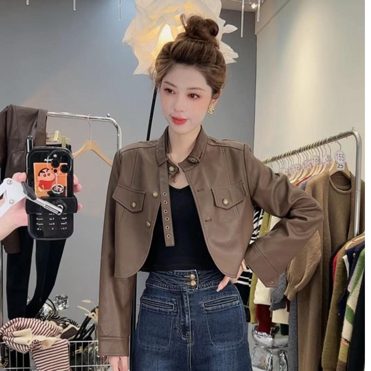 加內襯美拉德短款辣妹PU棕色皮衣外套女秋季寬鬆顯瘦夾克上衣