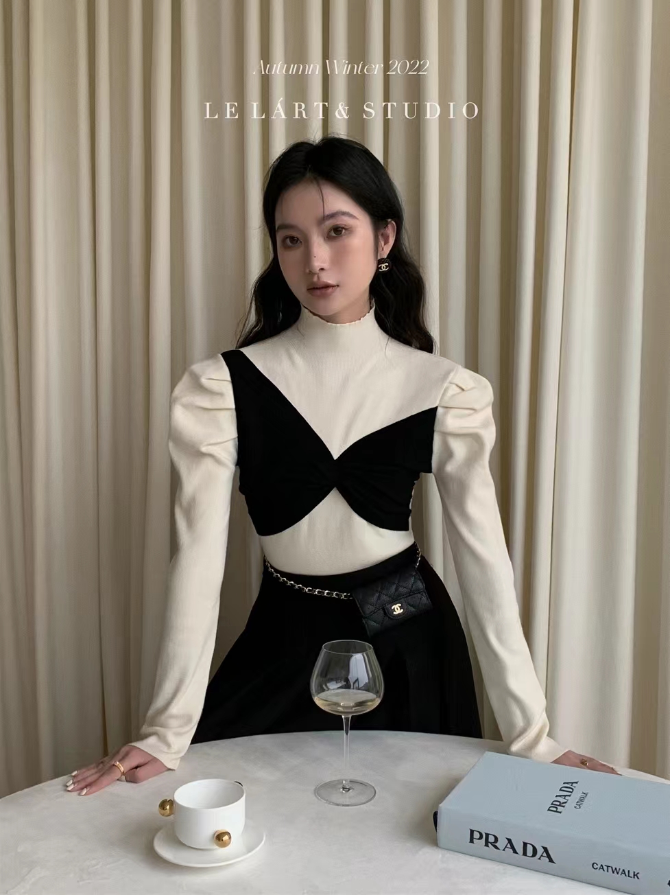LE LART原創設計感法式赫本風拼色半高領保暖泡泡袖修身針織衫女