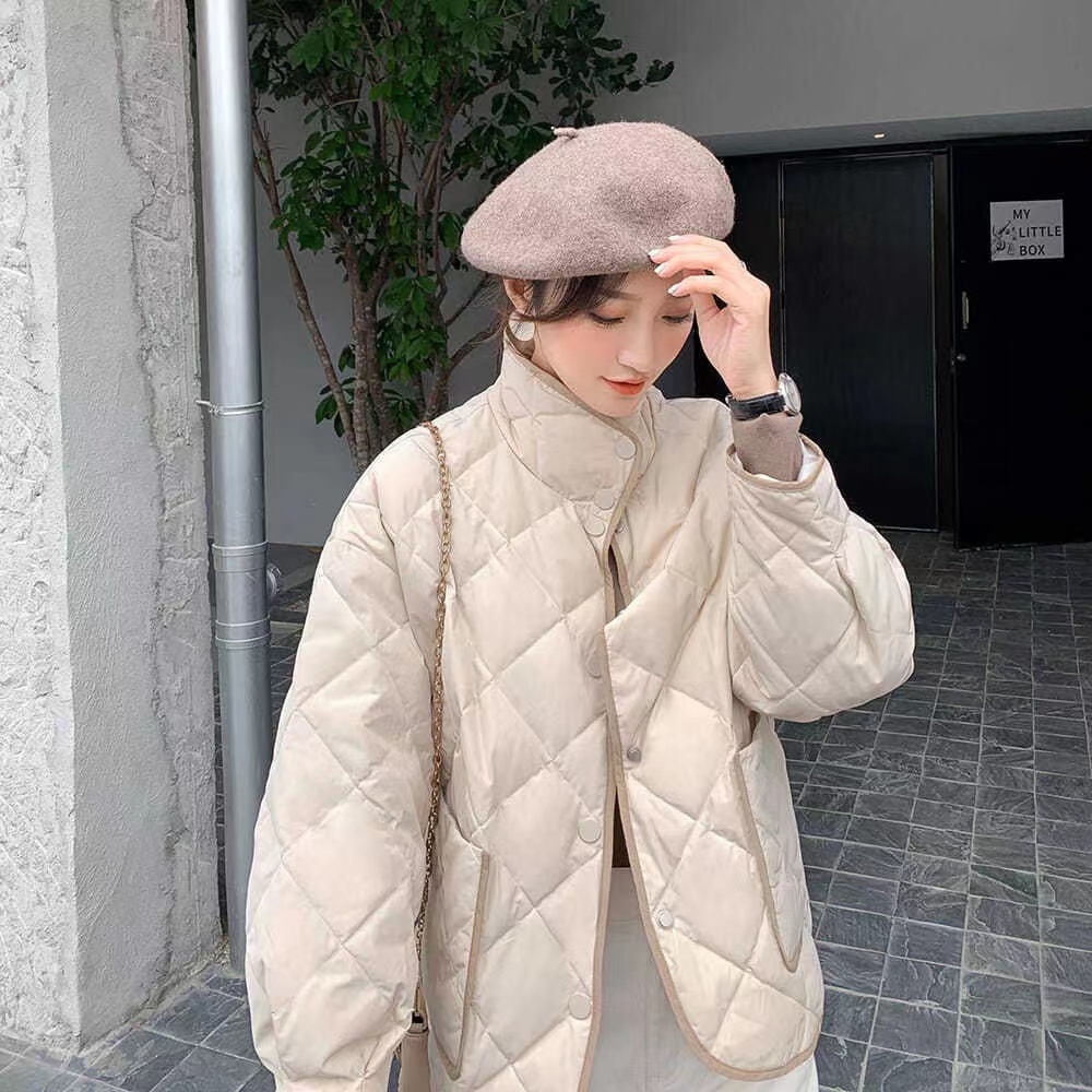 2023秋冬新款菱格純色棉服立領小香風短款棉衣小個子潮流夾棉外套