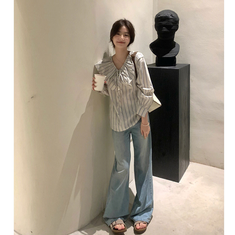 ~日系藍白條紋荷葉邊長袖套頭V領襯衫~