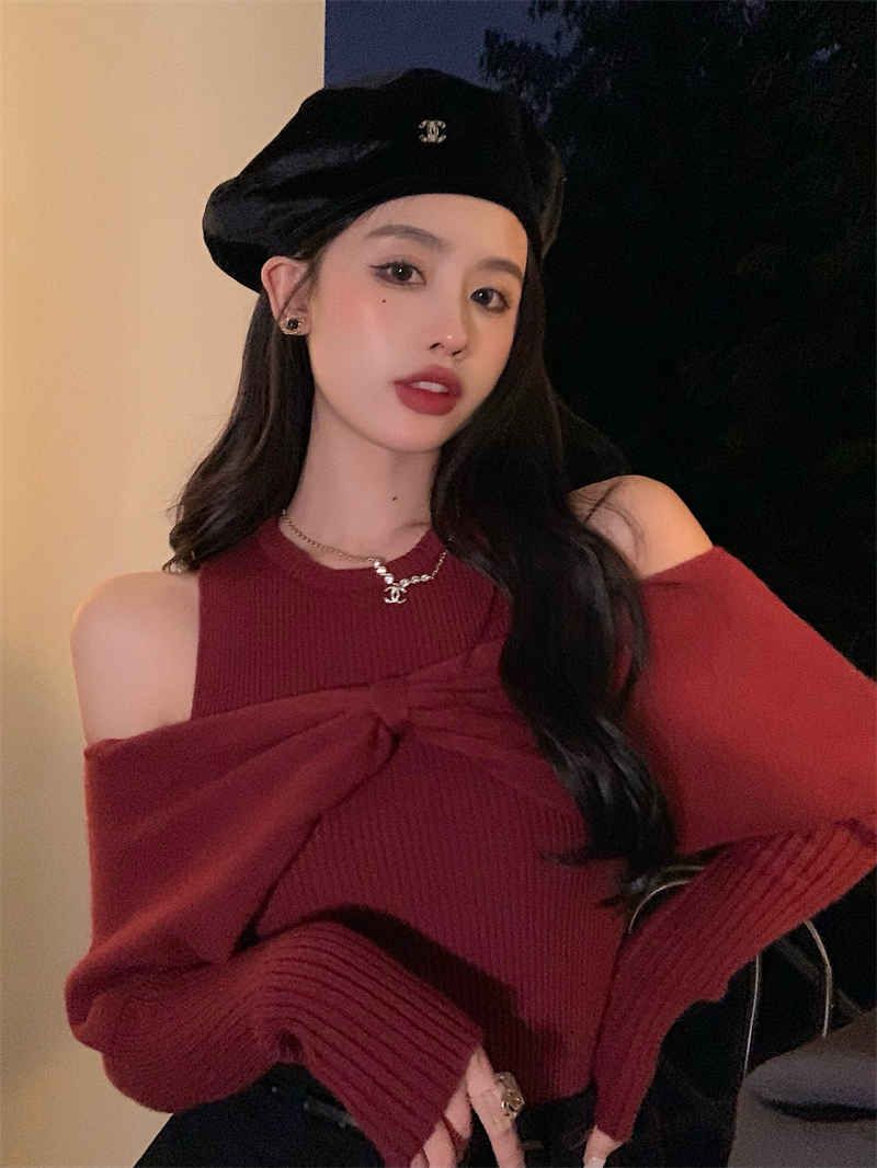 實拍 氣質假兩件套露肩紅色毛衣甜美蝴蝶結設計感冬季