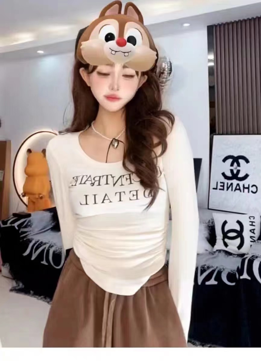 Pink letter printed long-sleeved T-shirt bottoming shirt 2023 new women's autumn and winter slim hot girl short high-waisted top