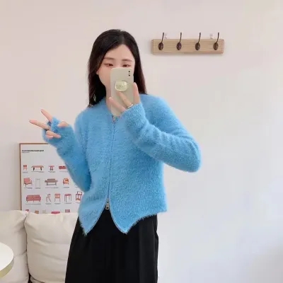 2023新款韓版修身顯瘦拉鏈上衣寬鬆軟糯仿水貂絨長袖針織開衫