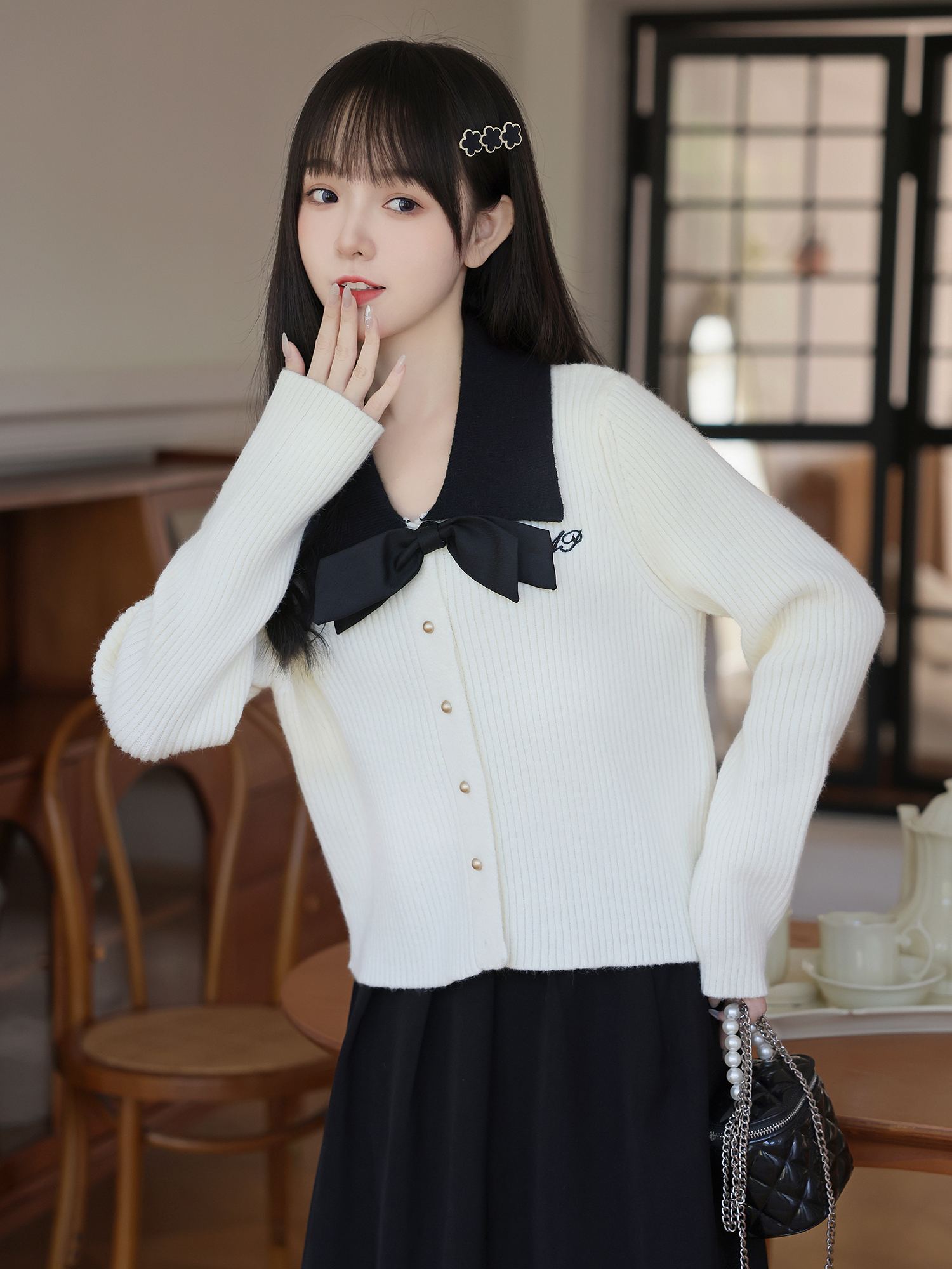 帛卡琪2023秋冬新款學院風蝴蝶結針織開衫女寬鬆短款撞色毛衣外套