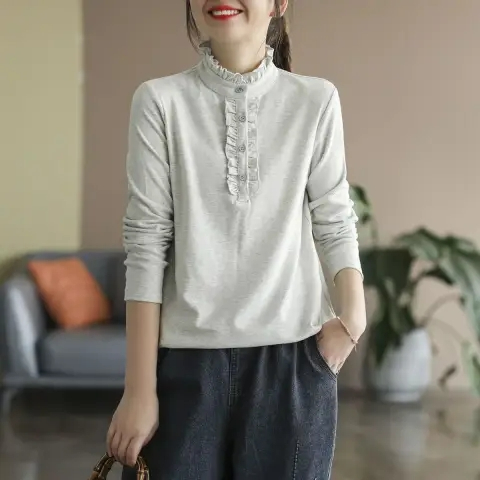 雙面德絨秋冬半高領打底衫純色長袖t恤衫打底衫女寬鬆娃娃領上衣