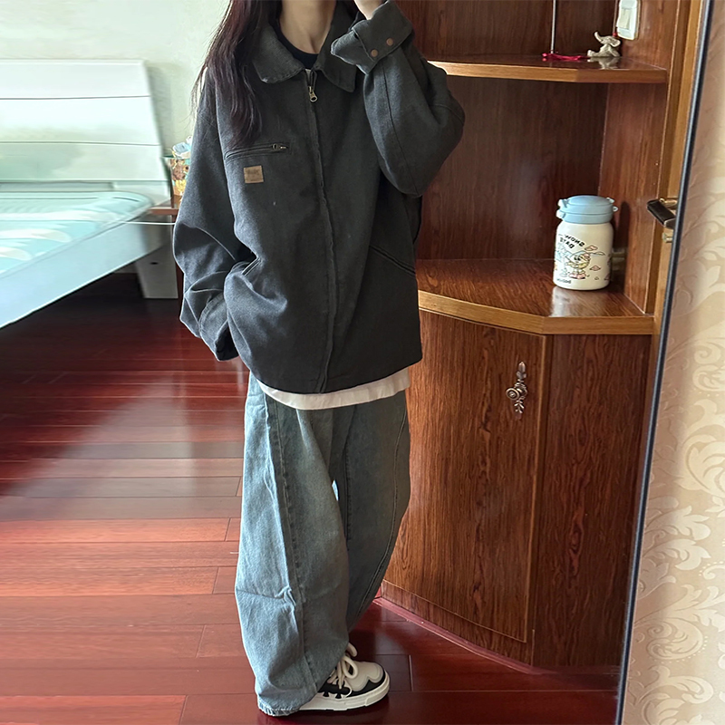 2023年新款小眾韓系牛仔夾克外套女裝秋冬季美式復古棒球服厚