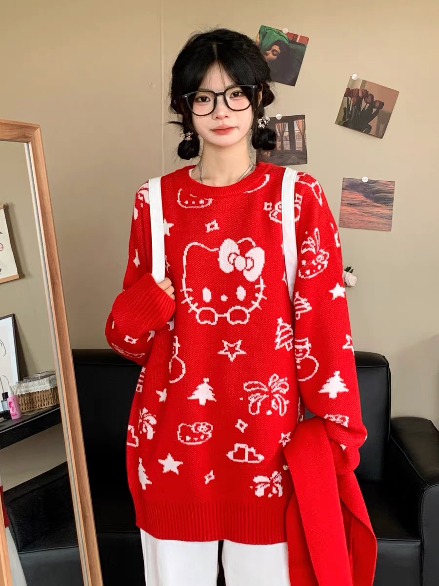 慵懶風卡通凱蒂貓圓領毛衣女秋冬新款寬鬆百搭中長款針織外穿上衣