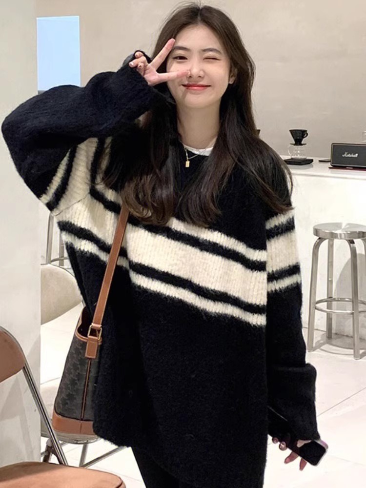 韓系慵懶風黑白條紋毛衣女秋季2023新款高級感寬鬆上衣設計感小眾