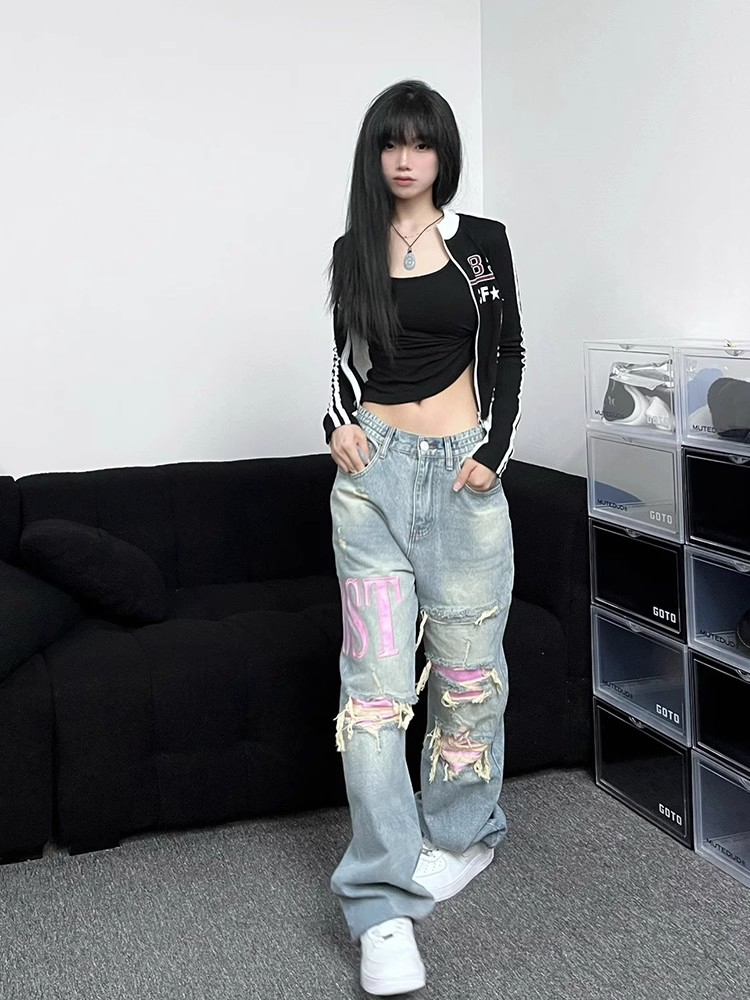 短款機車服女春秋新款撞色字母印花長袖開衫外套美式