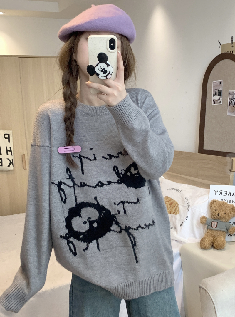 實拍 卡通塗鴉毛衣女慵懶風復古鹽系寬鬆套頭長袖針織上衣