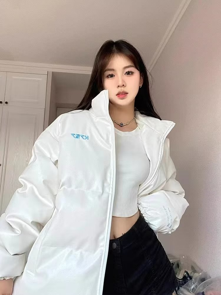 美式復古PU皮刺繡棉服情侶棉襖冬季立領寬鬆加厚外套小眾潮牌