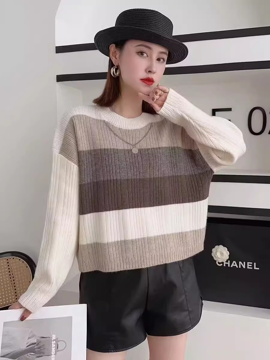 撞色條紋毛衣女2023秋季新款韓版百搭圓領寬鬆簡約洋氣短款上衣