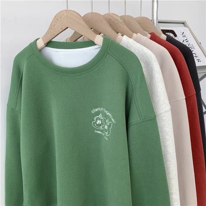 刺繡小狗加絨綠色圓領衛衣女秋冬韓版厚實寬鬆慵懶純色外套潮