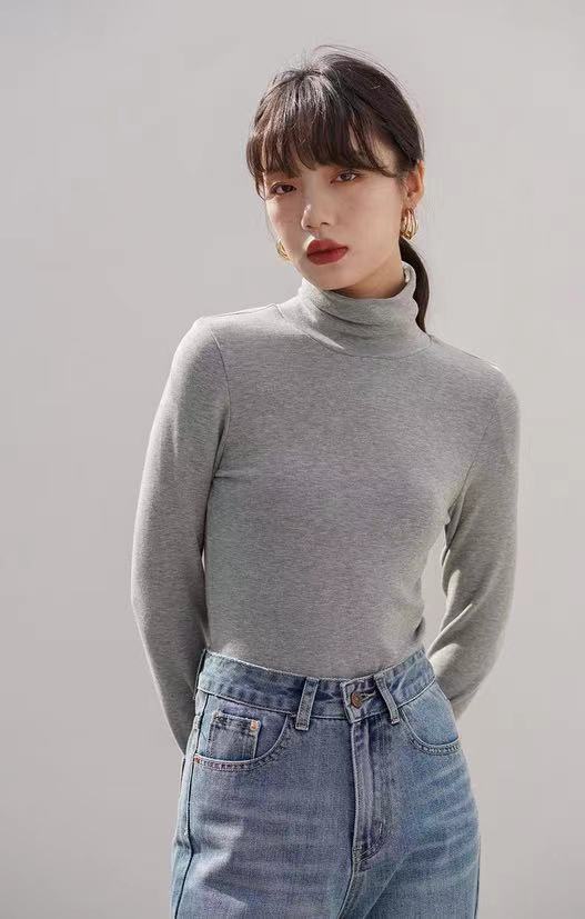 高領打底衫女薄款春秋內搭長袖t恤衫堆堆領時尚百搭秋冬黑色上衣