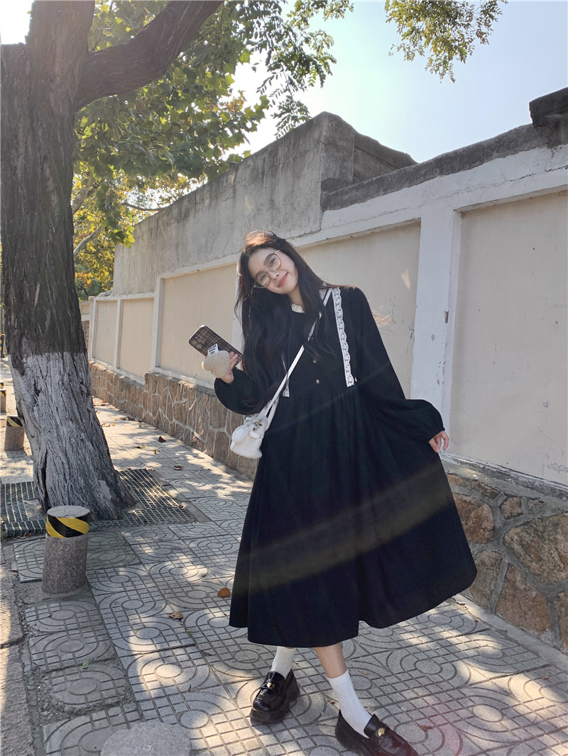 實拍~秋冬內搭韓系減齡連衣裙女寬鬆收腰顯瘦燈芯絨連衣裙