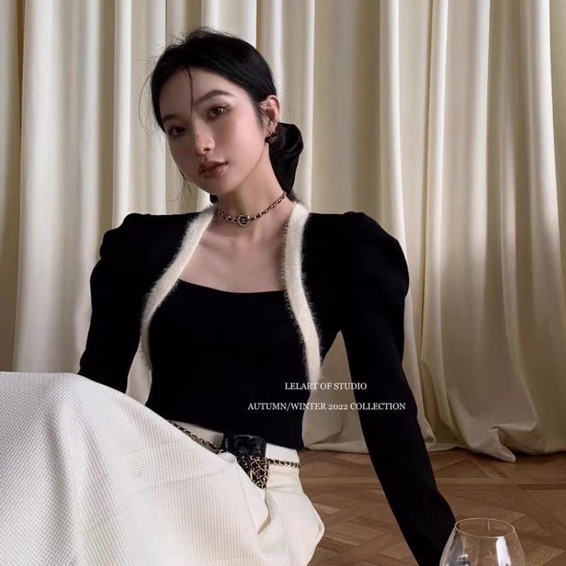LELART復古赫本長袖氣質拼色法式公主泡泡袖針織衫女內搭毛衣秋冬