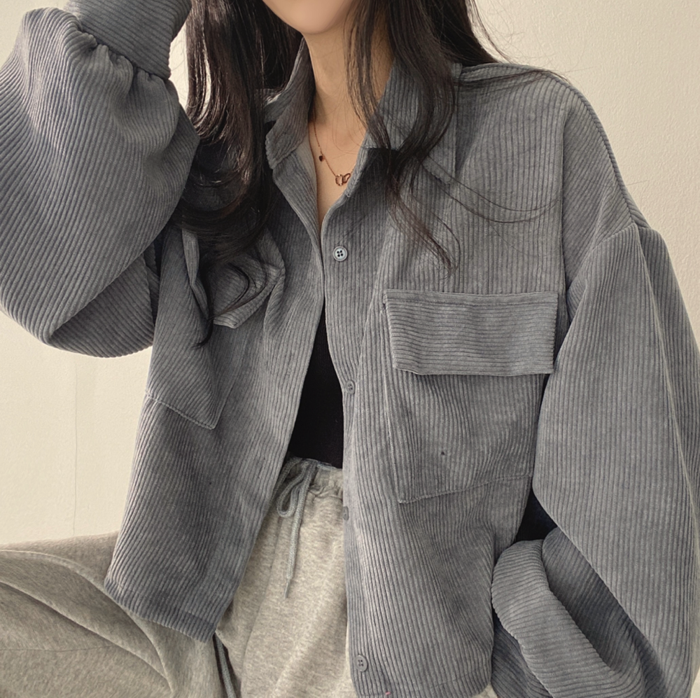 韓國chic2023秋季法式復古百搭單排扣翻領燈芯絨襯衫長袖外套女潮