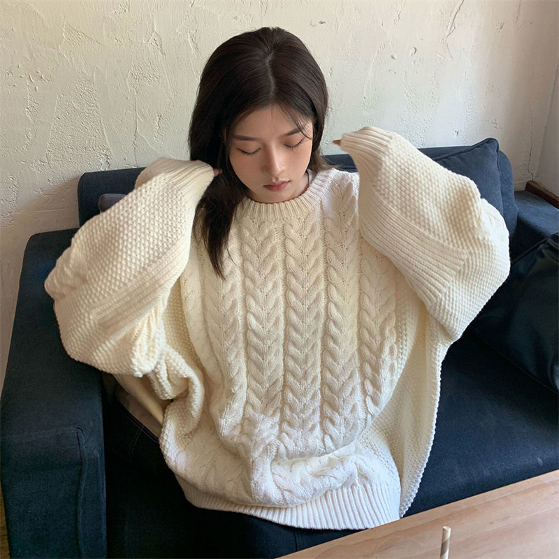 韓國毛衣麻花外套女 寬鬆顯瘦減齡套頭上衣 加厚針織衫