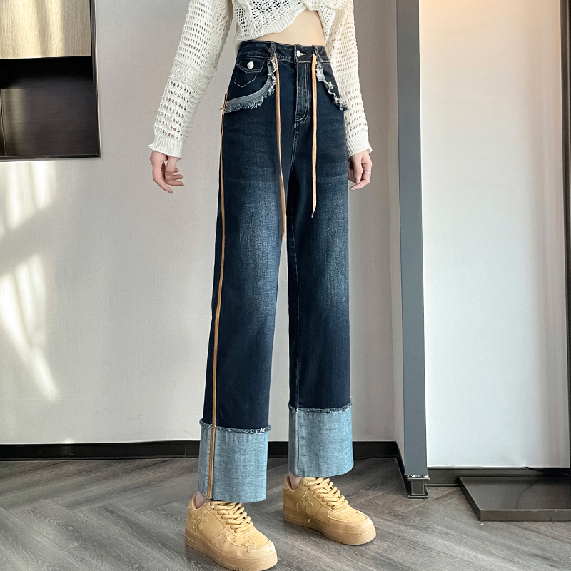 實拍2023秋冬牛仔褲女寬鬆高腰小直筒顯瘦老爹煙管褲九分褲
