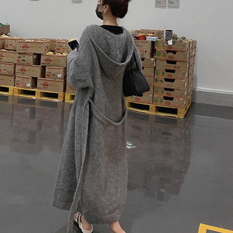 高級感連帽開衫中長款過膝針織衫寬鬆毛衣女加厚柔軟系帶休閒外套