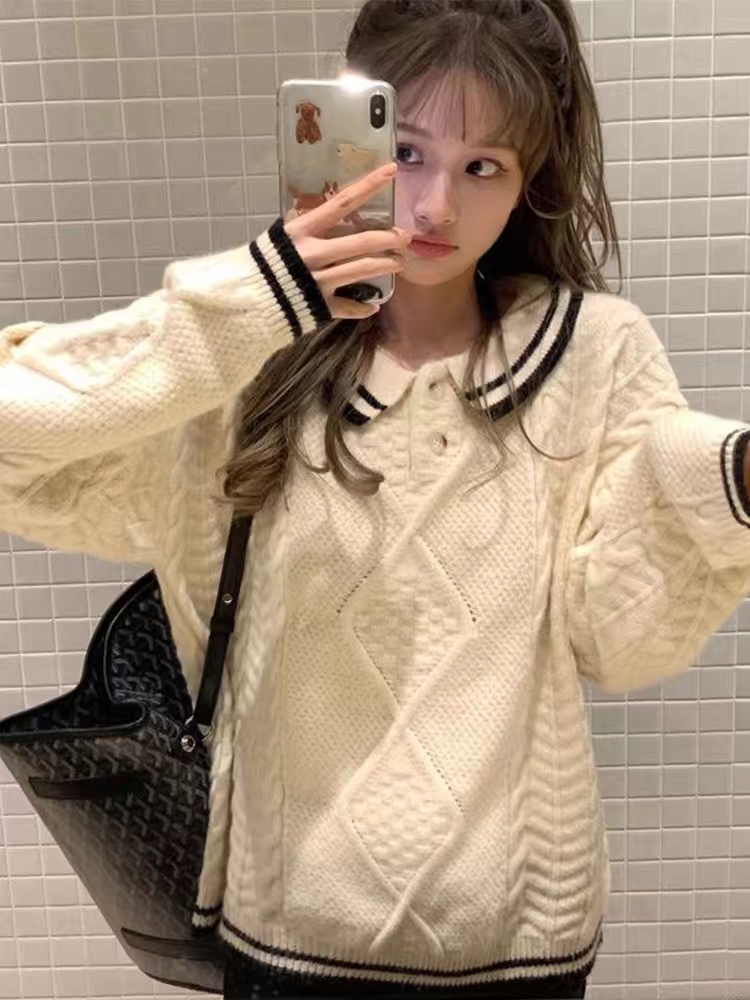 學院風Polo領雙色套頭毛衣女秋冬新款寬鬆慵懶設計感小眾針織上衣