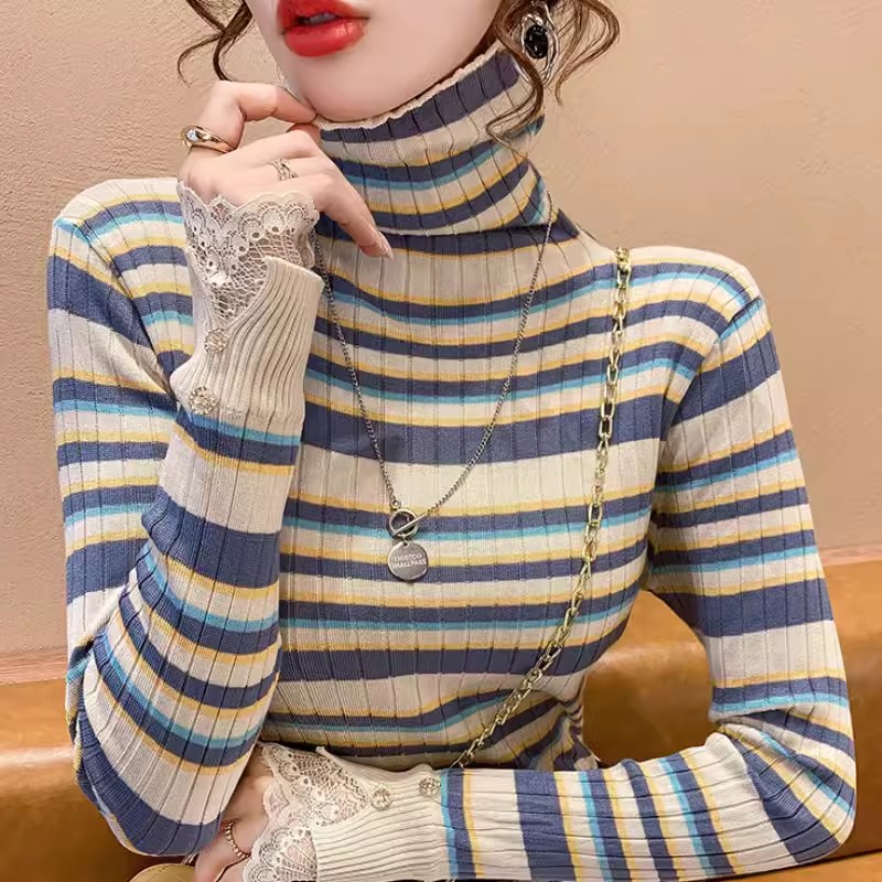 高領條紋毛衣針織打底衫女內搭秋冬洋氣蕾絲拼接長袖小眾上衣