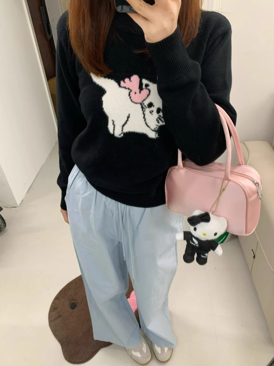 綿羊絨#黑色慵懶寬鬆套頭貓咪毛衣女秋冬小個子甜美短款針織上衣