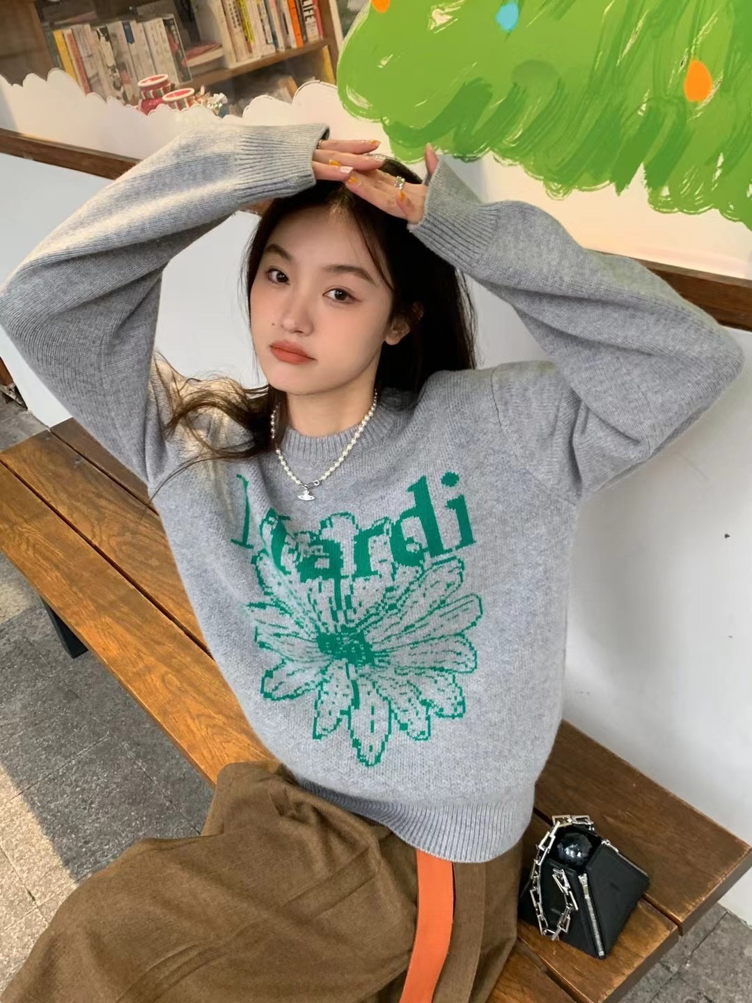 韓國mardi小雛菊厚針織衫毛衣女秋冬慵懶風圓領寬鬆套頭上衣外套