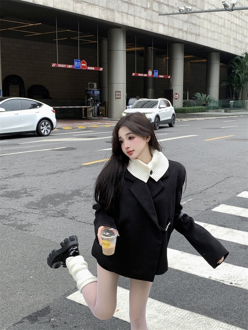 實拍矜貴千金 黑色加厚毛呢假兩件西裝套裝女高腰短褲