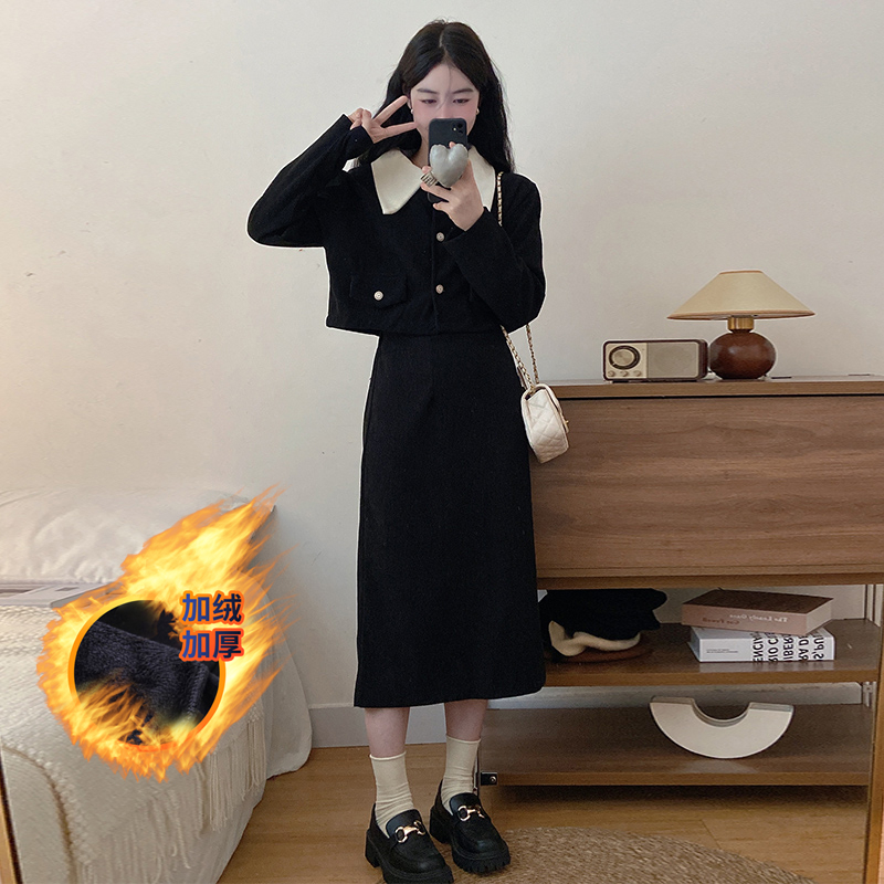 實拍兩件套燈芯絨加絨大碼小香風氣質翻領外套+高腰半身裙女