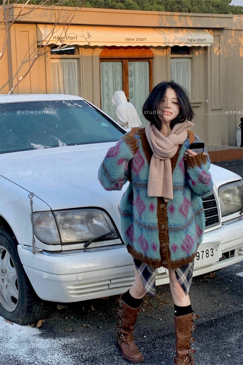 實拍 復古提花毛衣開衫外套女秋冬慵懶風v領針織衫