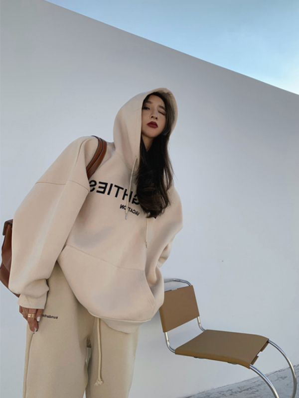 美式潮牌oversize杏色連帽衛衣女2023秋冬新款寬鬆遮屁股加絨上衣