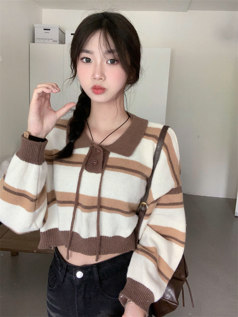 三木子~秋冬季新款設計感小眾條紋娃娃領拼色長袖針織衫百搭上衣