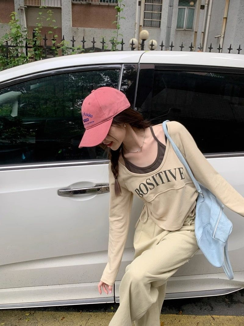 莫代爾假兩件抽繩字母T恤女大碼秋裝新款設計感百搭顯瘦