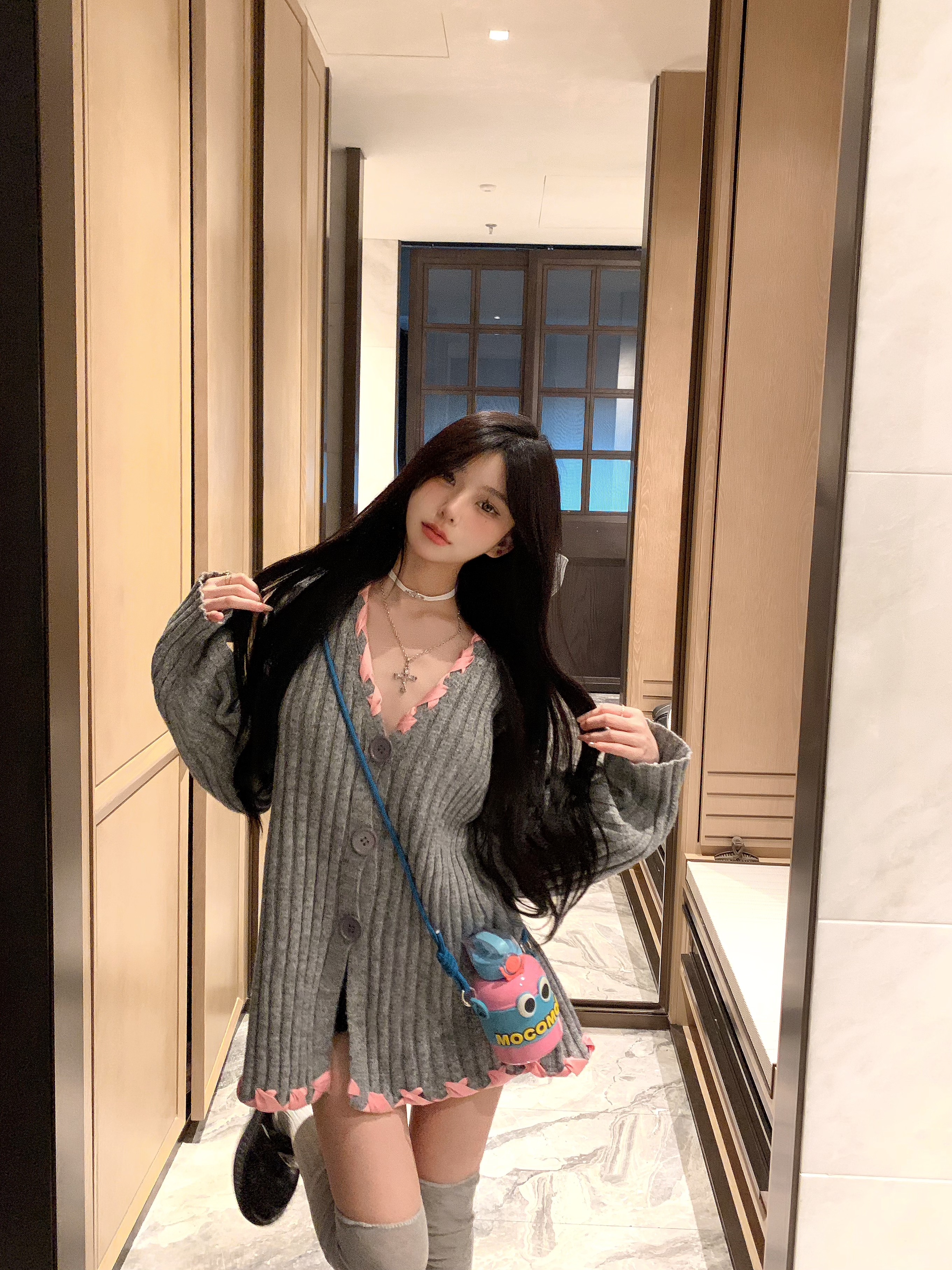 實拍~美式復古絲帶編織慵懶風毛衣開衫寬鬆V領針織外套