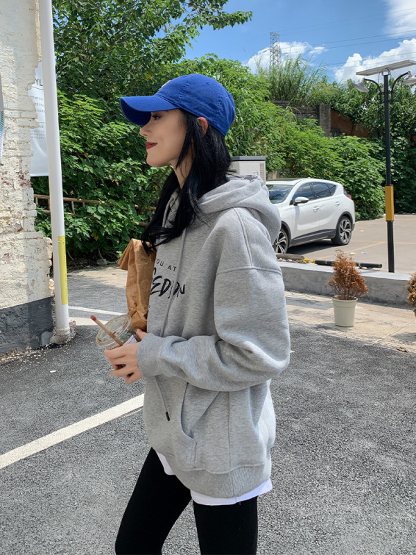 宋小妞 灰色加絨衛衣女秋冬新款寬鬆韓版連帽設計感加厚上衣