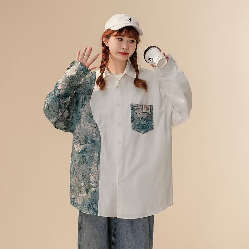 長袖襯衫女春秋季國風刺繡拼接潮流情侶款襯衣外套寬鬆大碼上衣服